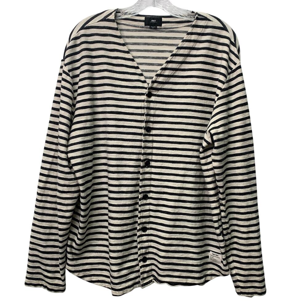 Obey Womens XL Black and White Striped Button Front Cardigan Long Sleeve Jacket